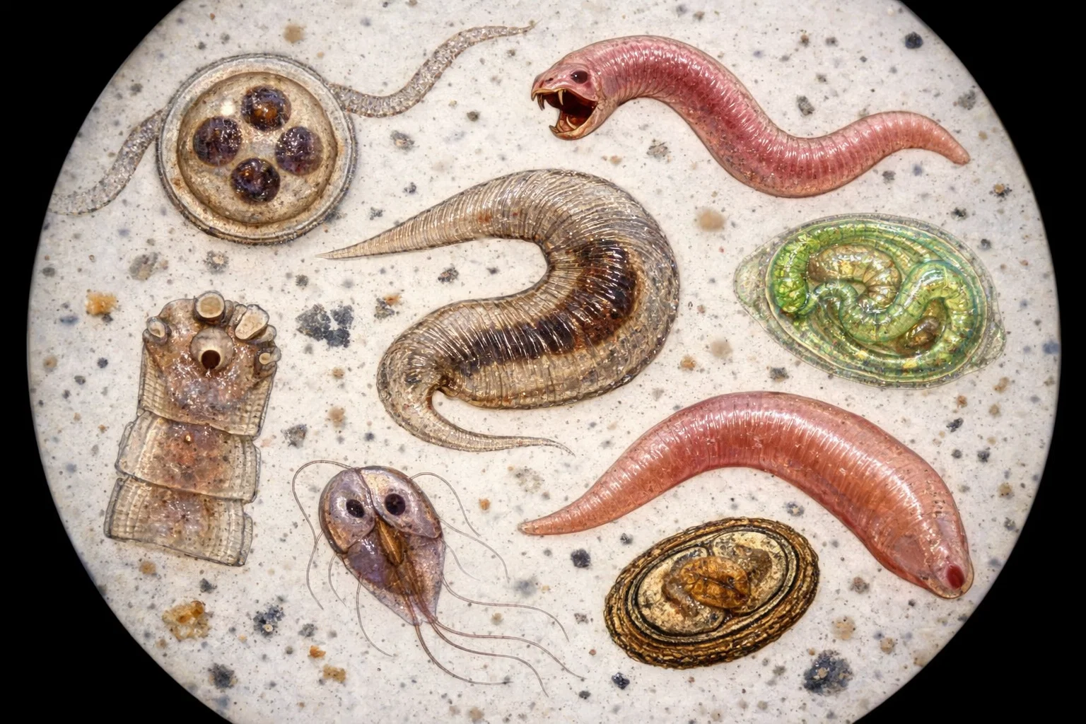 Microscopic view of various types of intestinal parasites under a laboratory microscope, showing their morphology and structure