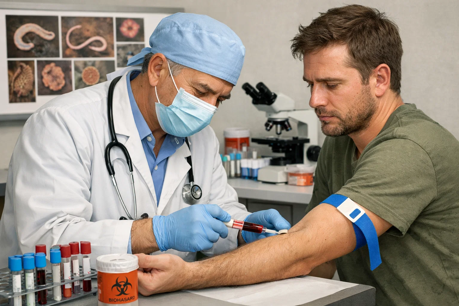 Doctor examining a patient suspected of a parasitic infection, taking a blood sample for laboratory testing